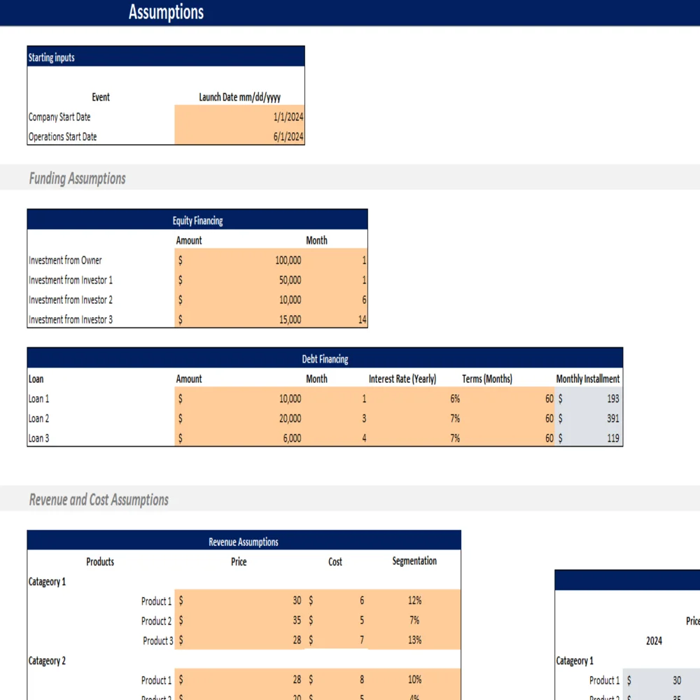 Frozen Food Excel Financial Model - Input Sheet