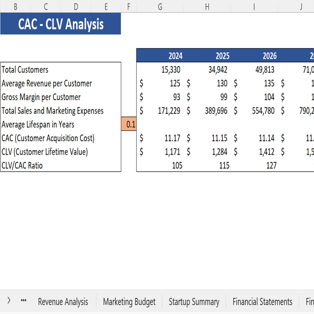 Graphic Designing Excel Financial Model - CAC - CLV Analysis