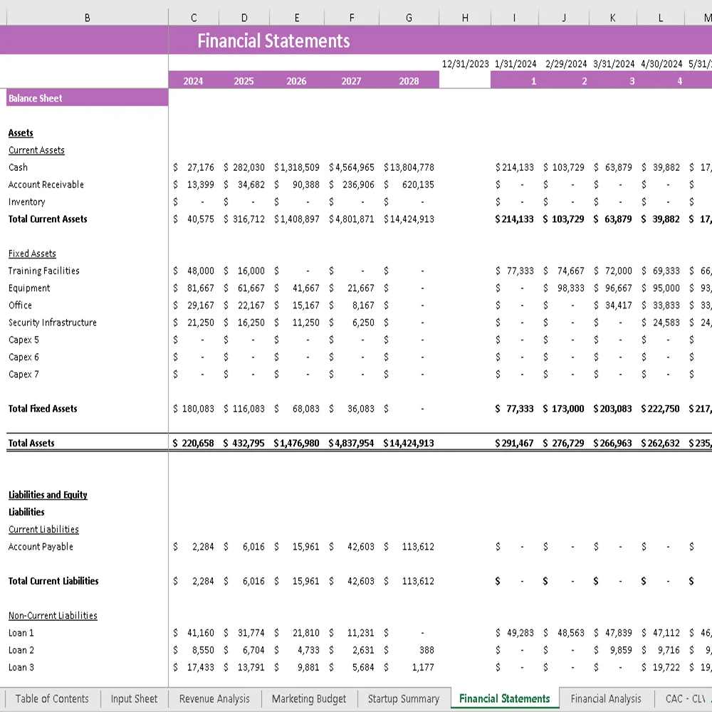 Rock Climbing Gym Financial Model - Balance Sheet