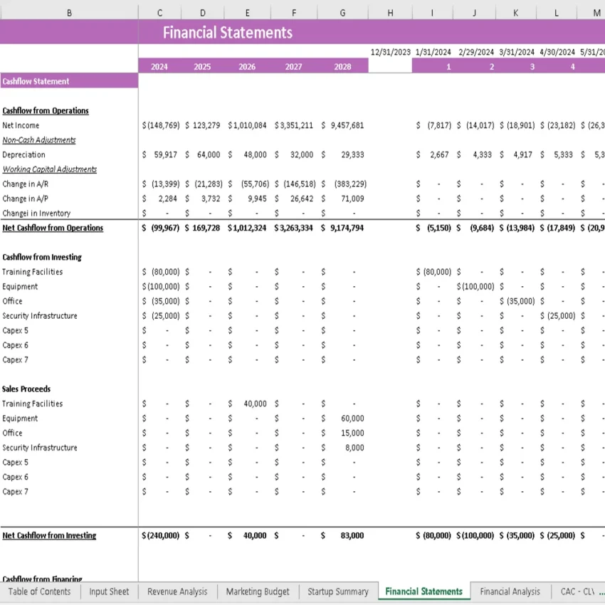 Rock Climbing Gym Financial Model - Cashflow Statement