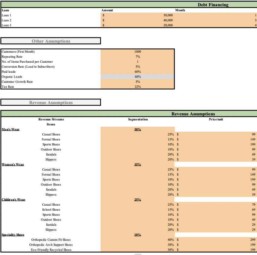 Shoe store Excel Financial Model - Input Sheet