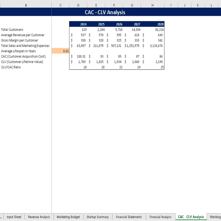Blockchain Development Excel Financial Model - CAC-CLV Analysis