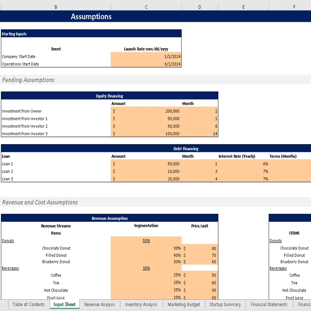 Donut Shop Excel Financial Model - Input Sheet