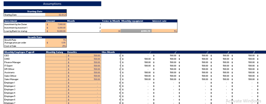 Online One Dollar Shop Excel Financial Model input