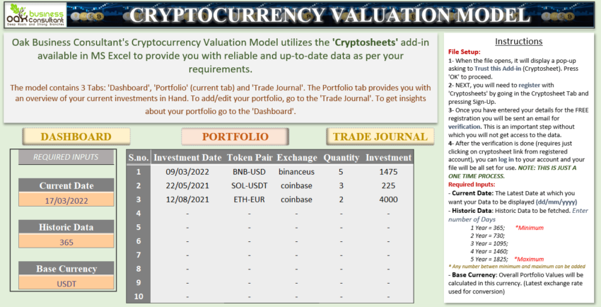 Cryptocurrency Excel Spreadsheet Template - Portfolio