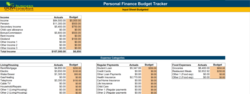 Personal Finance Budget Tracker Excel Template