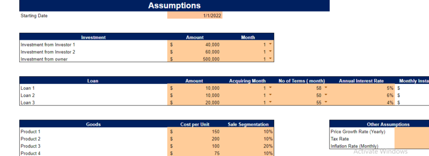 Sporting Goods Financial Model - Input Assumptions