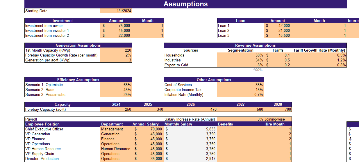 Renewable Hydropower Energy Excel Financial Model - Input