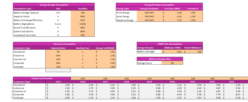 Energy Storage Financial Model - Input Sheet