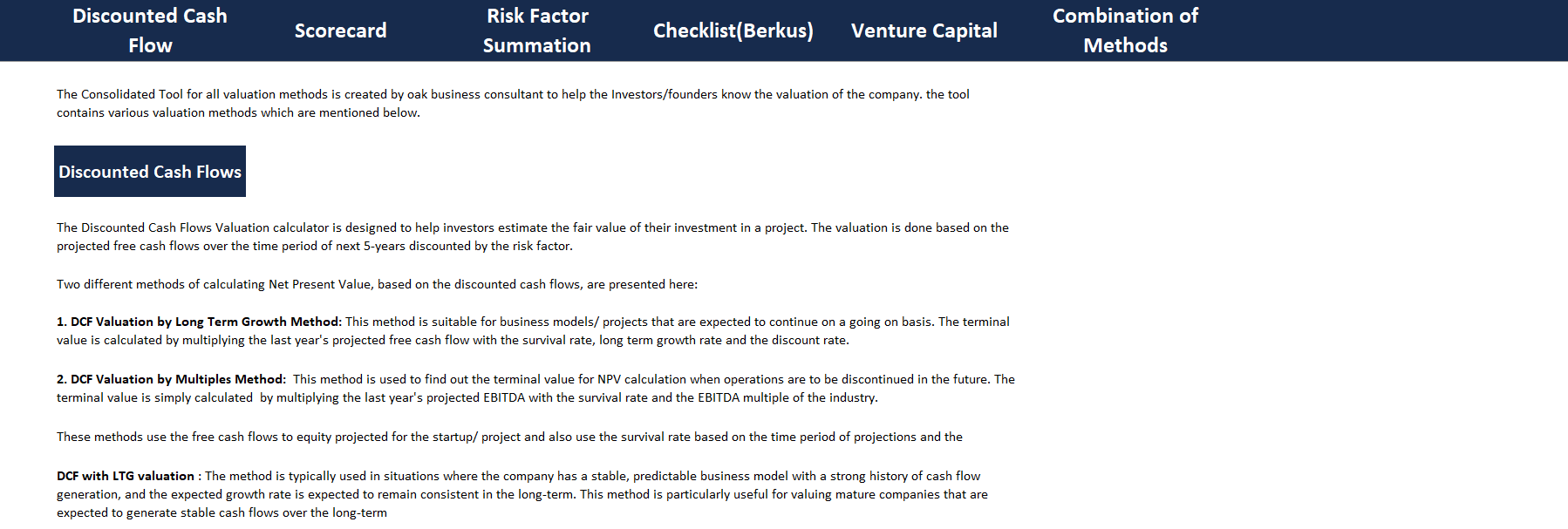 Consolidated tool for all valuation methods-Guide