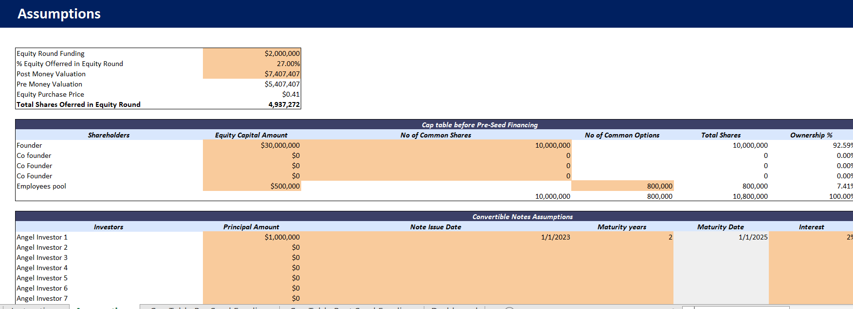 Convertible Note Calculator Excel Template-Assumptions