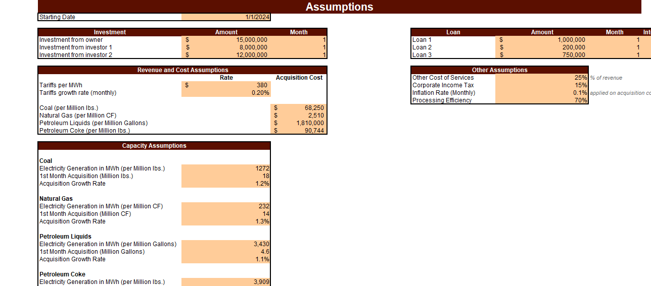 Fossil Fuel Electric Power Generation Financial Model - Input