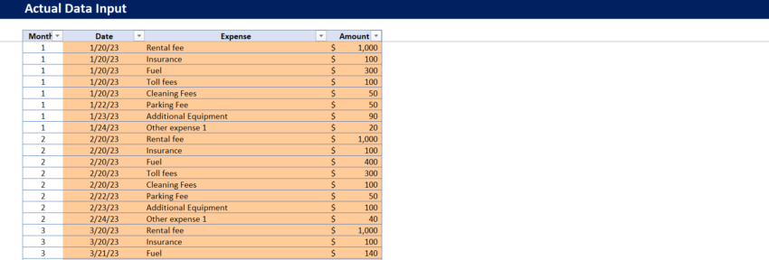 Rental Car Budget Tracker-Actual Data Input
