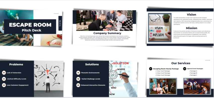 Escape Room Pitch Deck Template-Company summary-vision and mission-problems and solution-our services