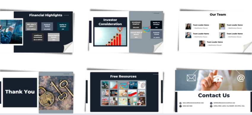 Escape Room Pitch Deck Template-Financial Highlights-investor consideration-team-contact