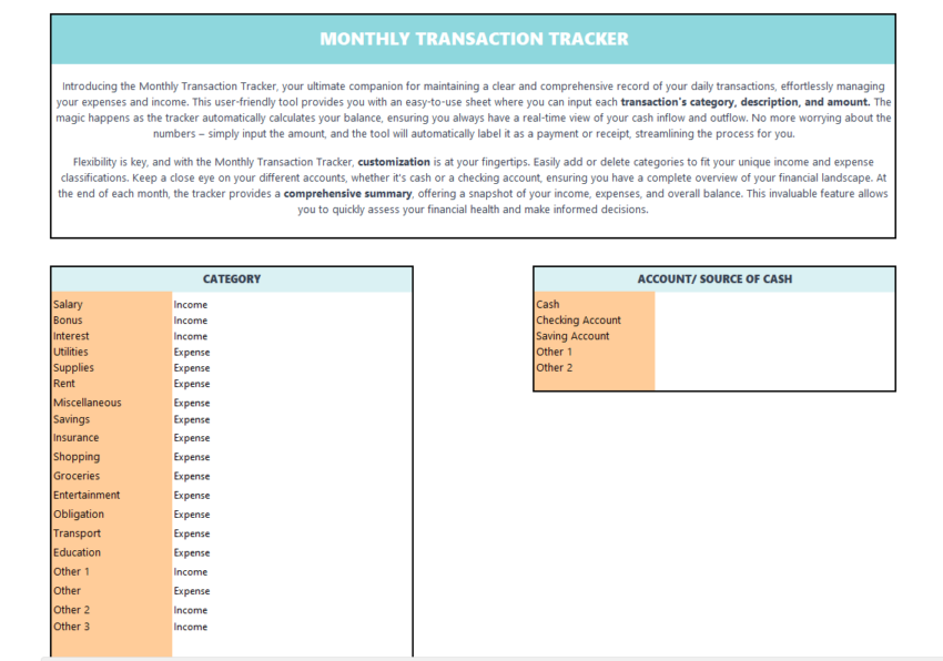 Monthly Transaction Tracker- Categories