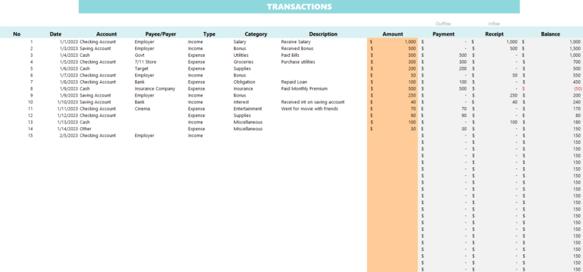 Monthly Transaction Tracker- Transaction Sheet