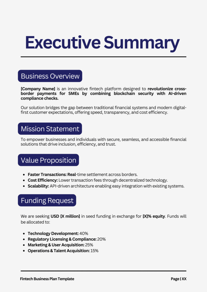 Fintech Business Plan Template - Executive Summary