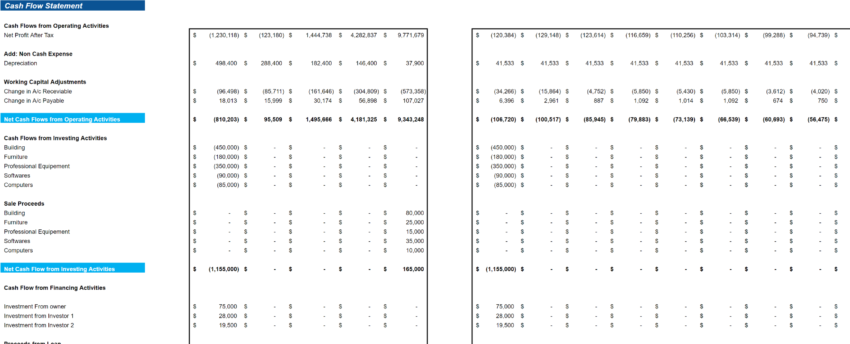 Professional and Management Development Training Excel Financial Model-Cashflow Statement