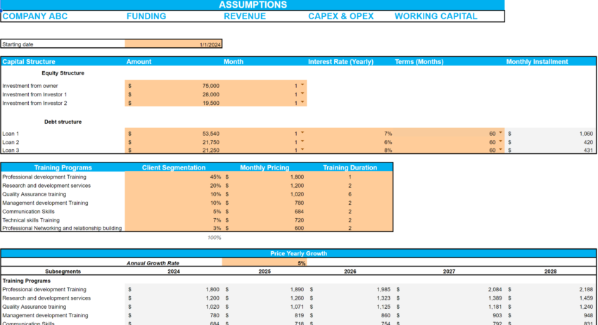 Professional and Management Development Training Excel Financial Model-Input Sheet