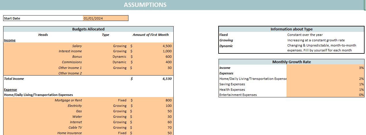 Yearly Budget Planner Template- Assumptions