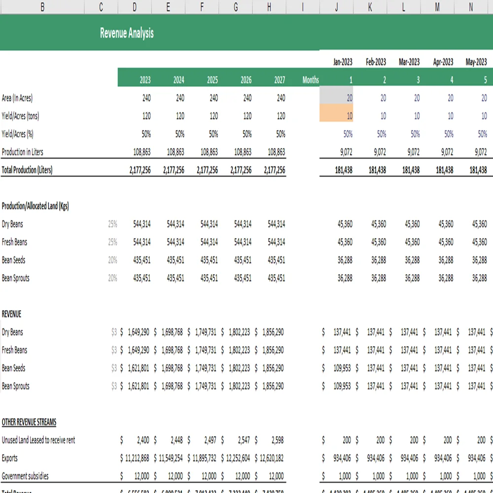Bean Farming Financial Model Excel Projection Template - Revenue analysis