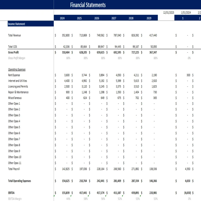 Laundromat Excel Financial Model Projection Template - Income Statement