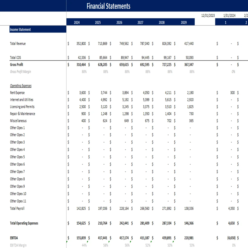 Laundromat Excel Financial Model Projection Template - Income Statement