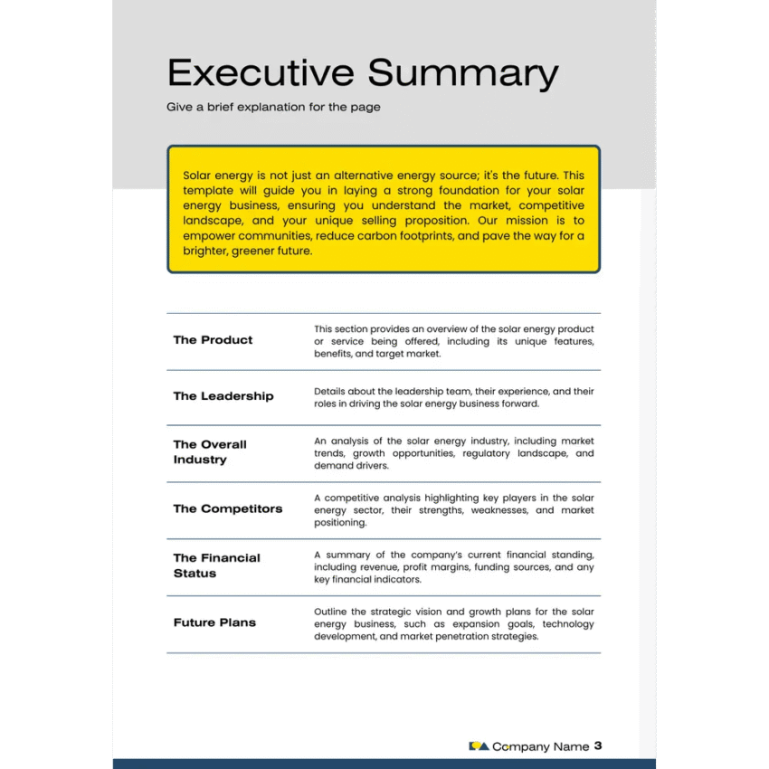 Solar Energy Business Plan Template - Executive summary