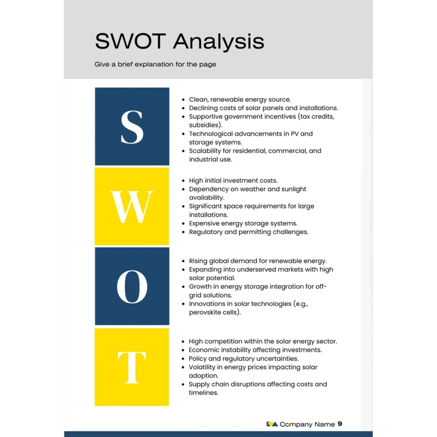 Solar Energy Business Plan Template - SWOT Analysis