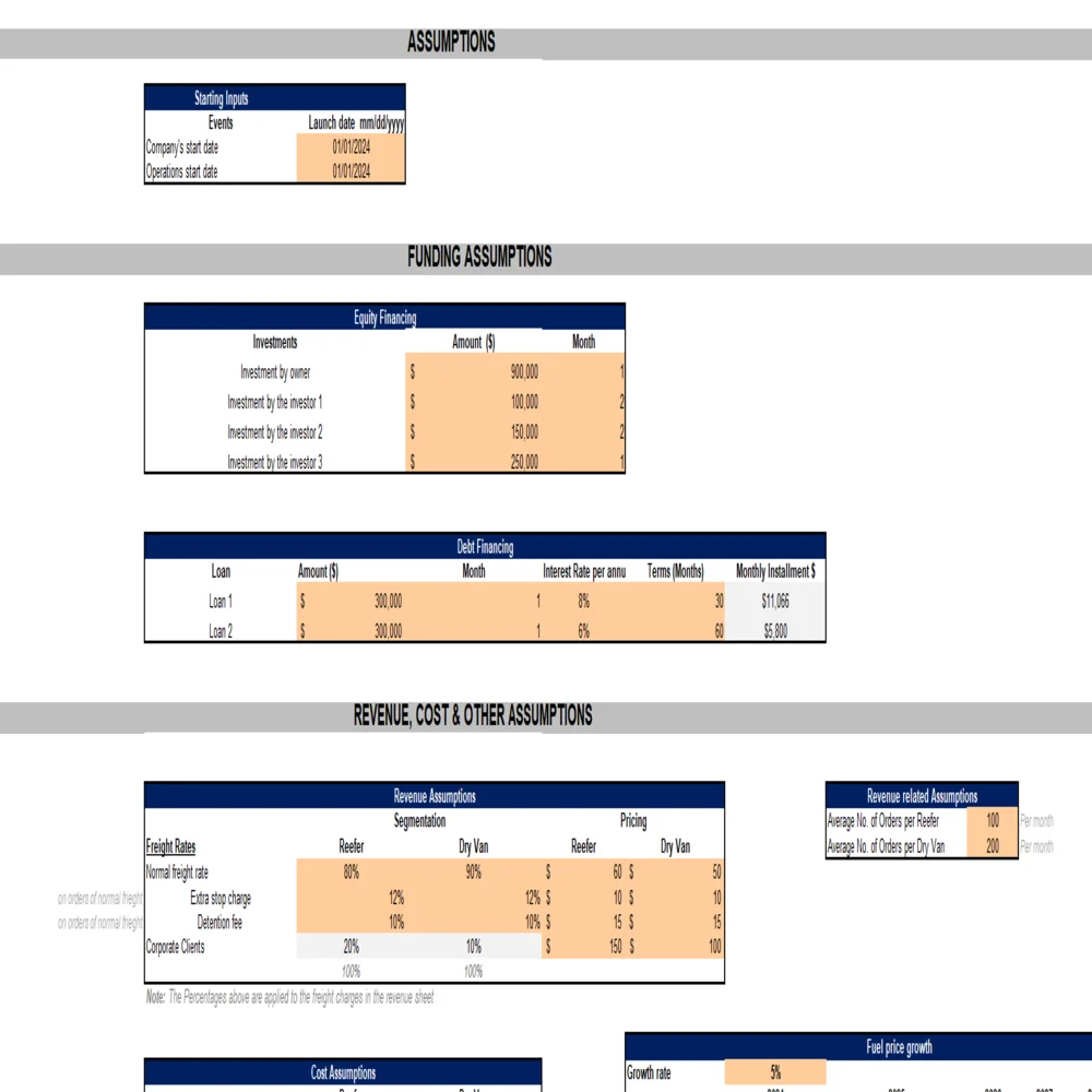 General freight trucking local excel financial model - Input Sheet