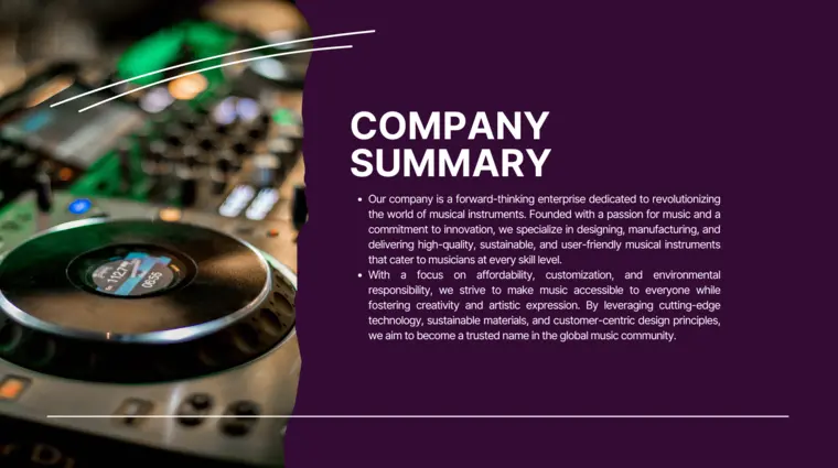 Music Instruments pitch deck Template - Company Summary