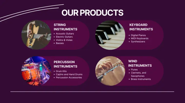 Music Instruments pitch deck Template - Our Products