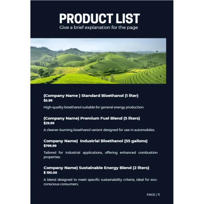 Agricultural Bioethanol Business Plan - Product List
