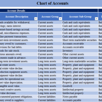 Chart of Accounts Excel Template - Account Details