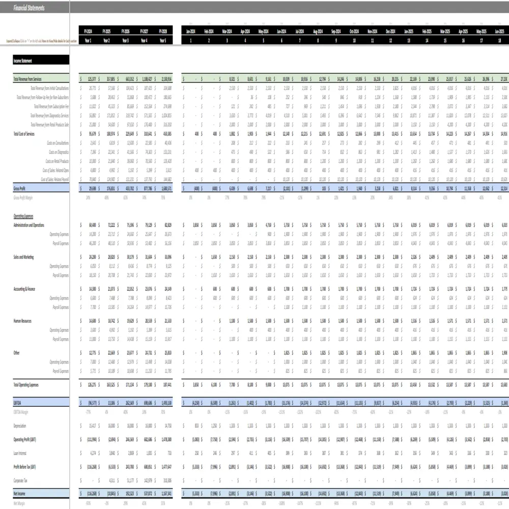 Longevity Clinic Financial Model - Income Statements
