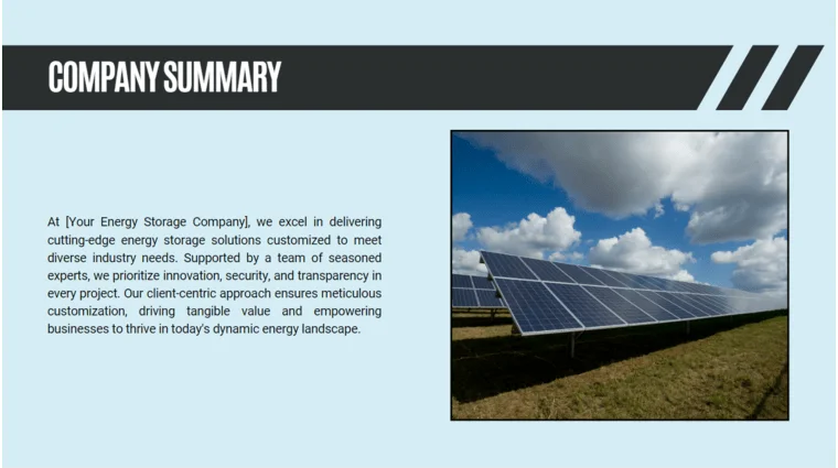 Energy Storage Pitch Deck Template - Company Summary