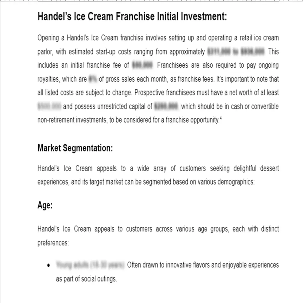 Handel's Ice Cream Franchise Market Research - Initial Investment